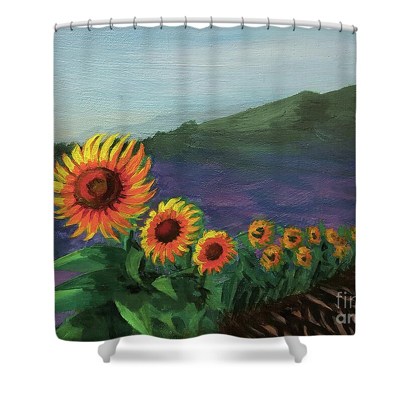 Sunflower Shower Curtain featuring the painting Sunflowers in a row by Yoonhee Ko