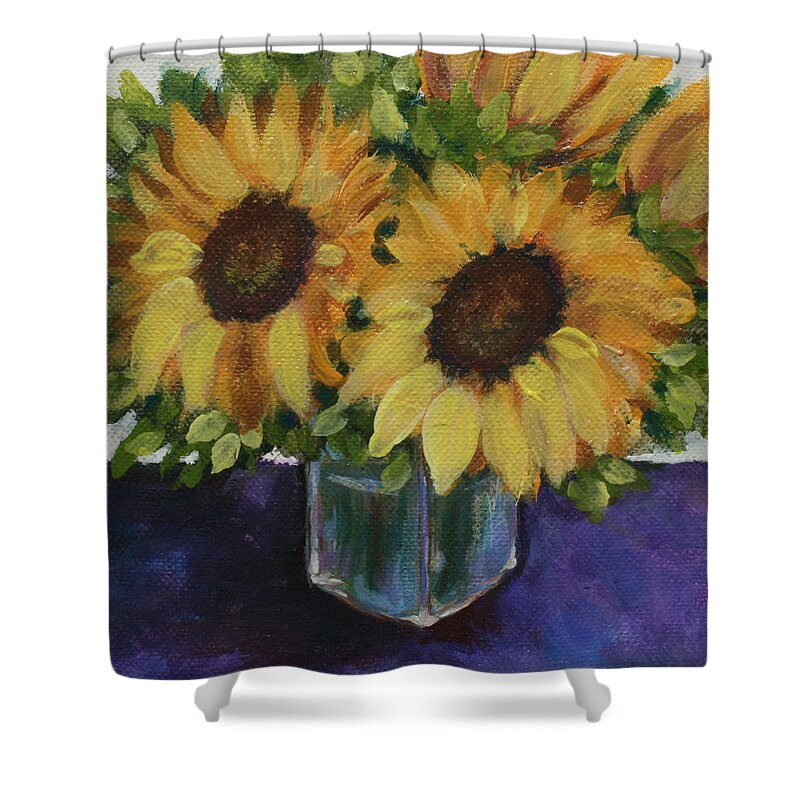 Sunflower Shower Curtain featuring the painting Sunflowers in a Square Vase by Donna Tucker