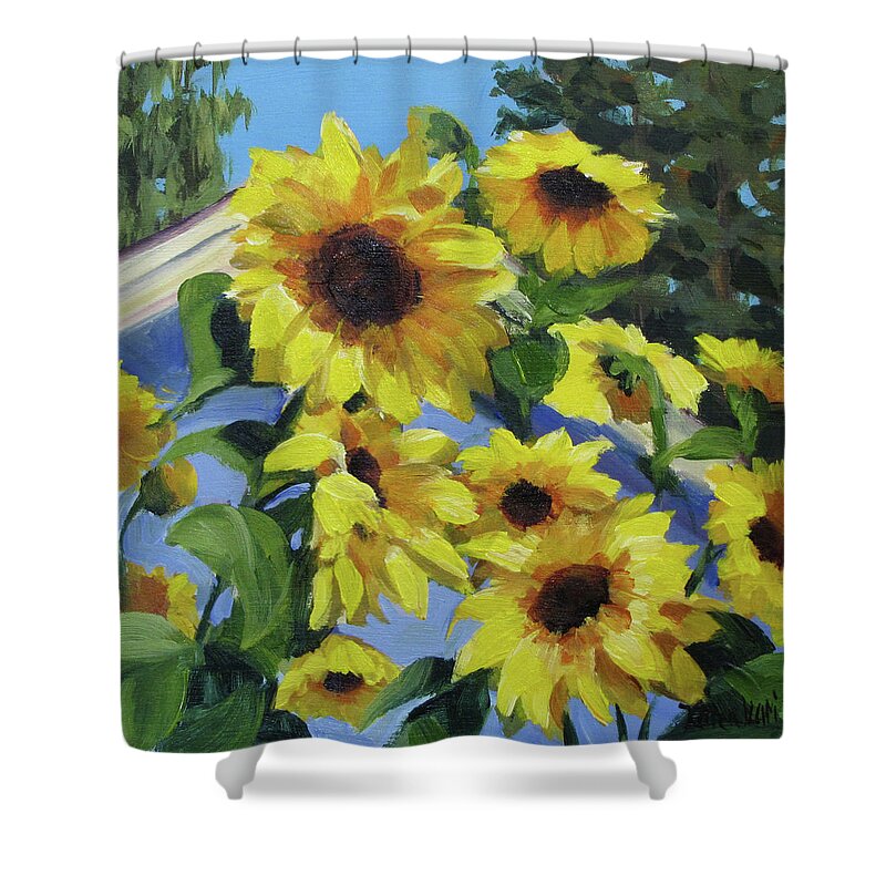 Sunflowers Shower Curtain featuring the painting Sunflowers by Karen Ilari