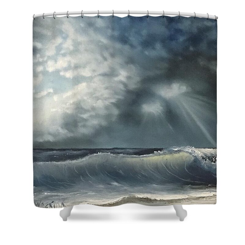 Sea Wave Ocean Water Sky Storm Beach Landscape Shower Curtain featuring the painting Sunlit sea by Justin Wozniak