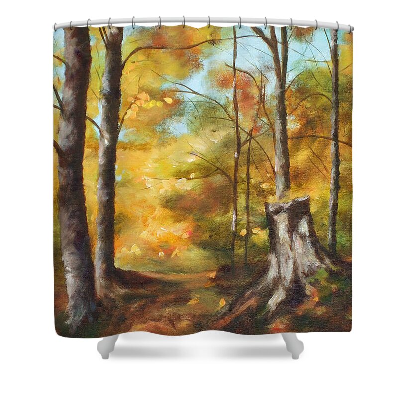 Painting Shower Curtain featuring the painting Sunlit Tree Trunk by Claire Gagnon