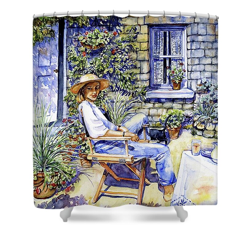 Sunshine Shower Curtain featuring the painting Sunny Afternoon with Black Cat by Trudi Doyle