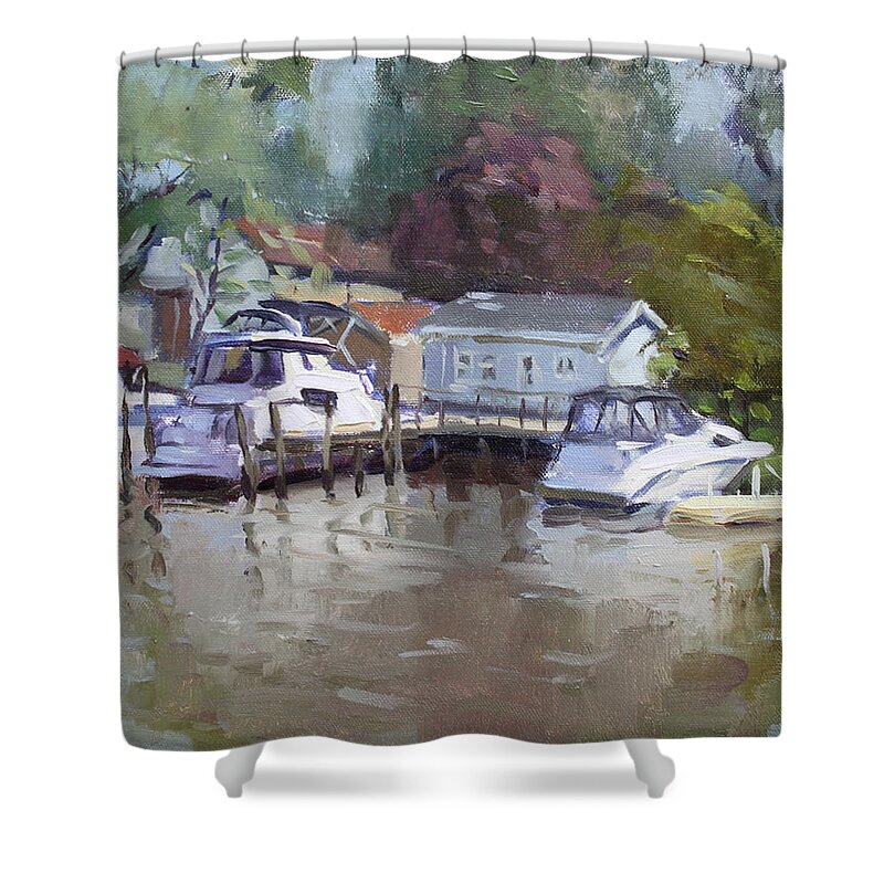 Sunny Day Shower Curtain featuring the painting Sunny Sunday at the Canal by Ylli Haruni