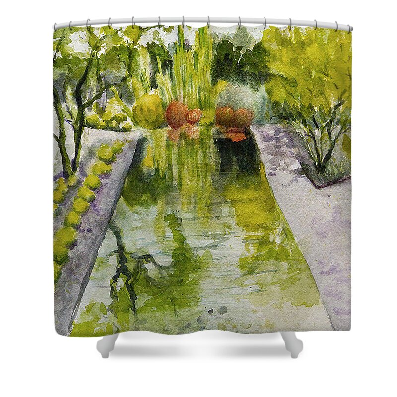 Landscape Shower Curtain featuring the painting Infinity Pool In the Gardens at Annenburg Estate by Maria Hunt