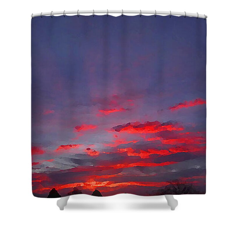 Sunrise Shower Curtain featuring the mixed media Sunrise Abstract, Red Oklahoma Morning by Shelli Fitzpatrick
