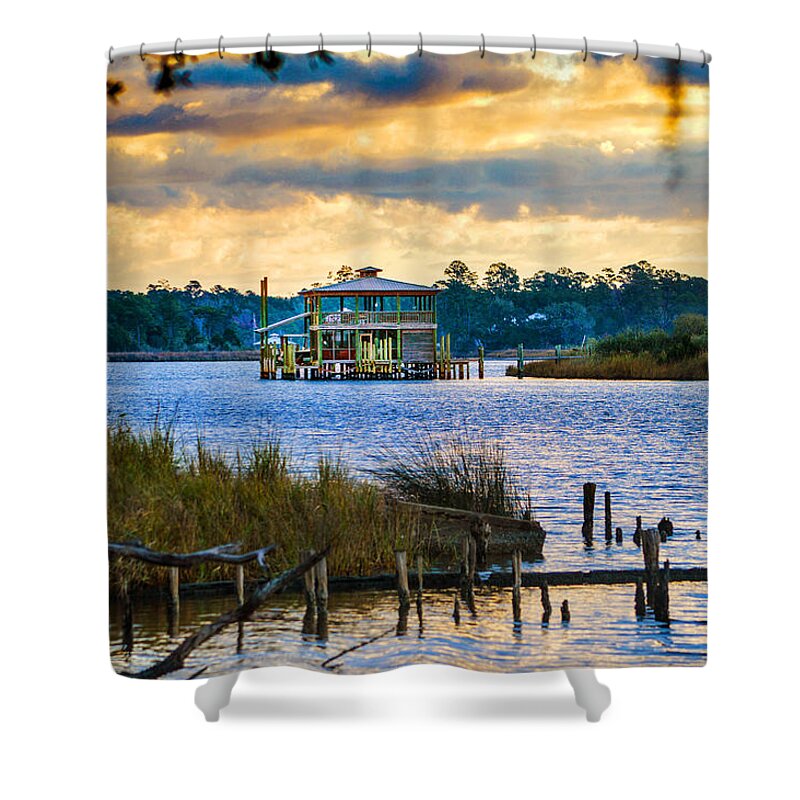 Bon Secour Shower Curtain featuring the photograph Sunrise and Boathouse on the Bon Secour River by Michael Thomas