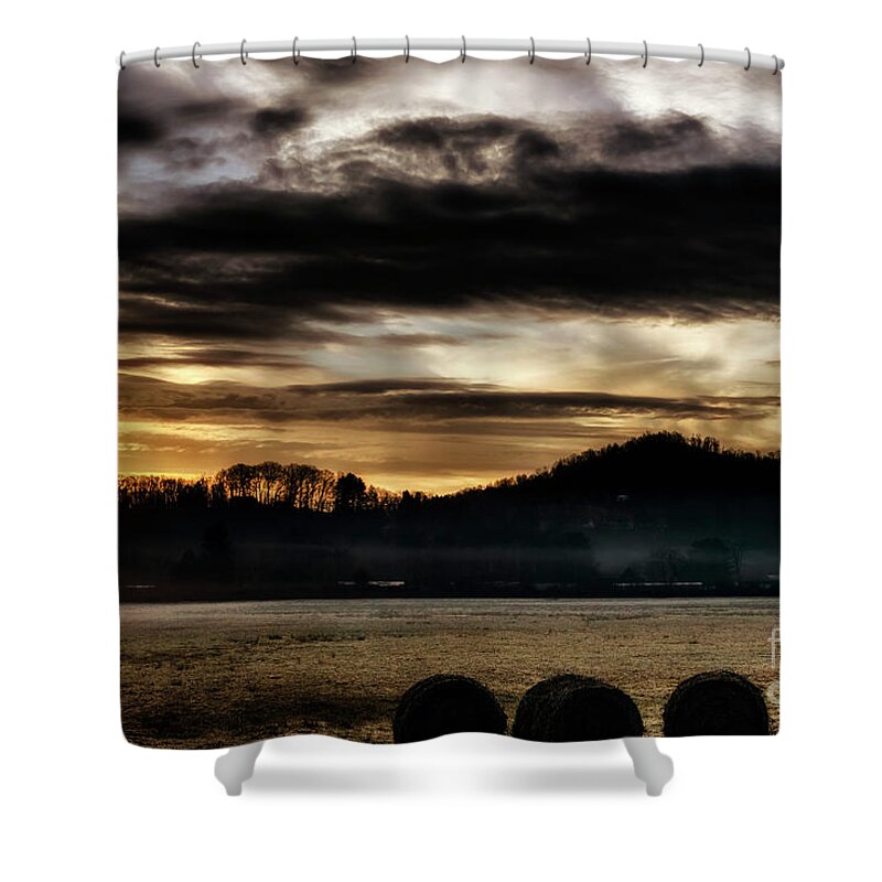 Winter Shower Curtain featuring the photograph Sunrise and Hay Bales by Thomas R Fletcher
