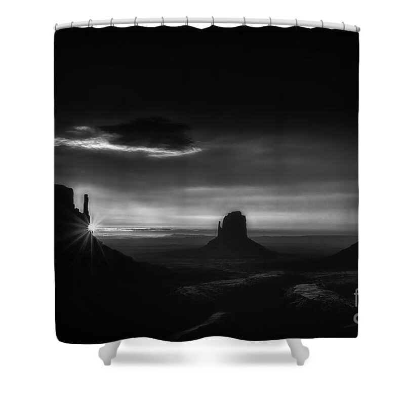 Sunrise At Monument Valley In Black And White Shower Curtain featuring the photograph Sunrise at Monument Valley in Black and White by Priscilla Burgers