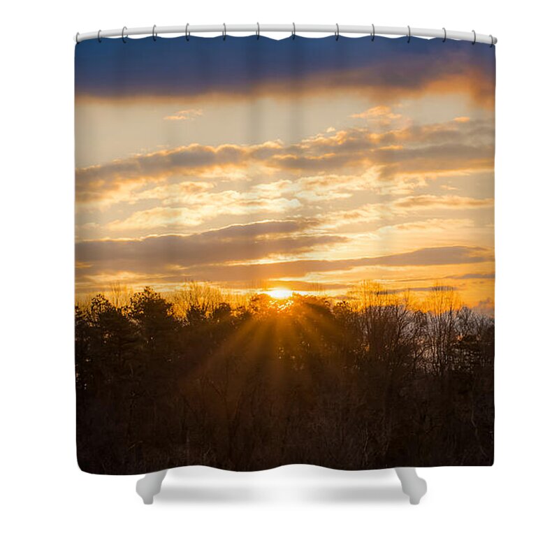 Jan Holden Shower Curtain featuring the photograph Sunrise At The Treetops by Holden The Moment