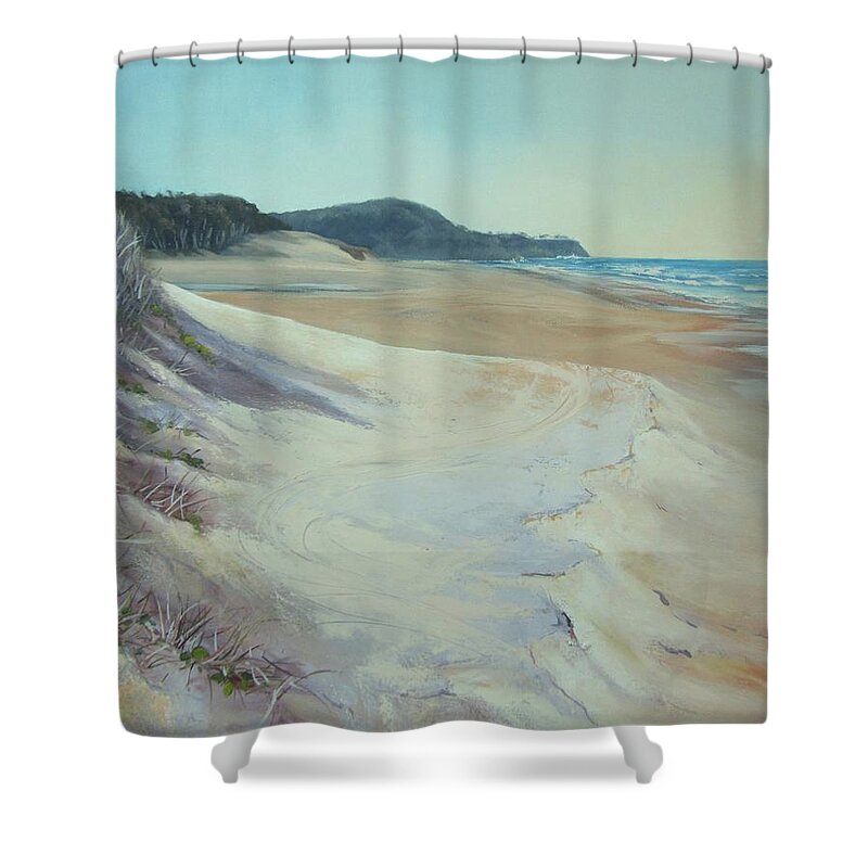 Sand Dunes Shower Curtain featuring the painting Sunrise Beach and Lions Head Noosa Heads Queensland by Chris Hobel
