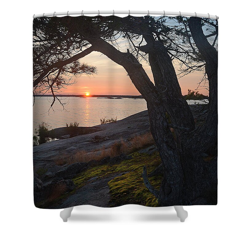 Lichen Shower Curtain featuring the photograph Sunrise Hopewell Island by Steve Somerville