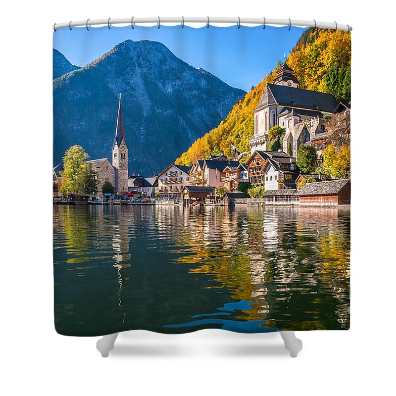 Alpine Shower Curtain featuring the photograph Sunrise in Hallstatt mountain village with colorful autumn landscape by JR Photography