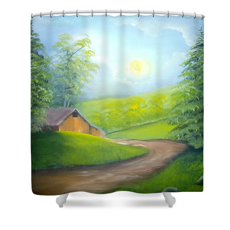 Barns Shower Curtain featuring the painting Sunrise in the Country by Debra Campbell