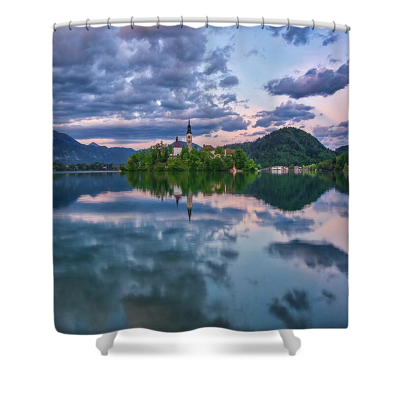 Europe Shower Curtain featuring the photograph A picturesque Lake Bled. by Usha Peddamatham