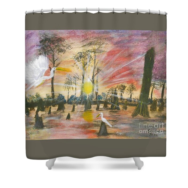 Landscape Shower Curtain featuring the painting Sunrise on Highway 190 by Seaux-N-Seau Soileau