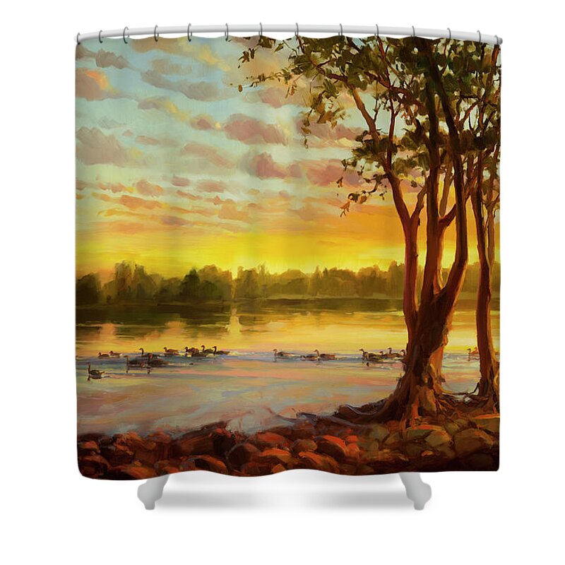 Landscape Shower Curtain featuring the painting Sunrise on the Columbia by Steve Henderson