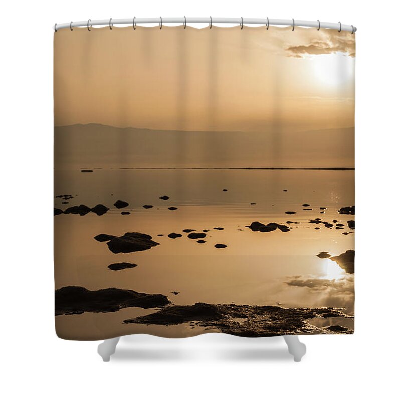 Sun Shower Curtain featuring the photograph Sunrise on the Dead Sea by Sergey Simanovsky