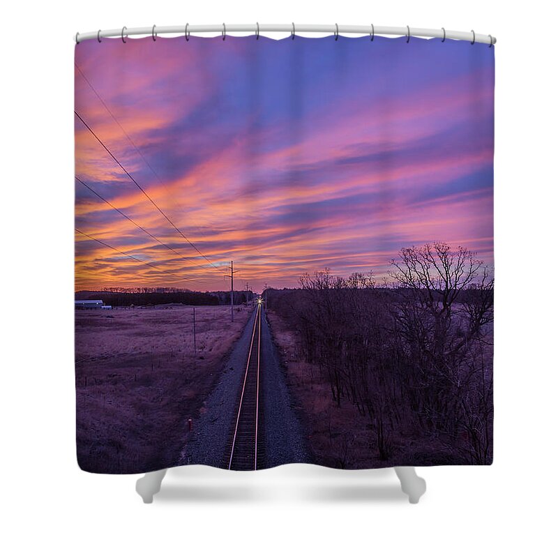 Sunrise Shower Curtain featuring the photograph Sunrise On The Train Tracks 3-24-2018 by Thomas Young
