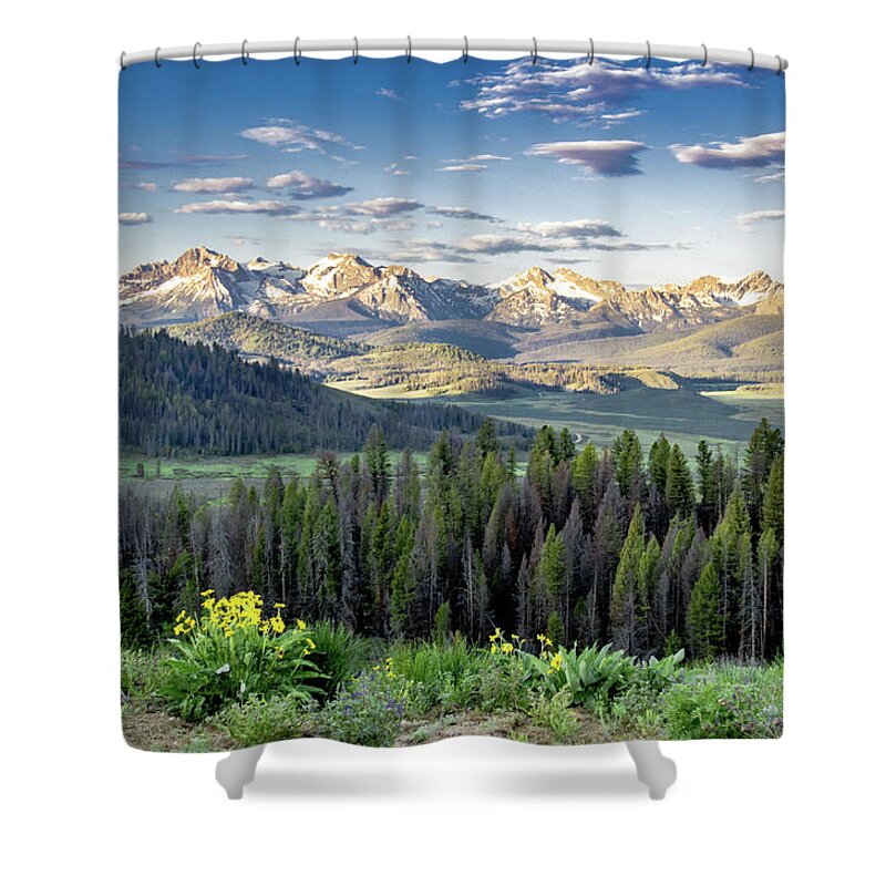 Sawtooth Mountains Shower Curtain featuring the photograph Sunrise over the Sawtooth valley by Link Jackson