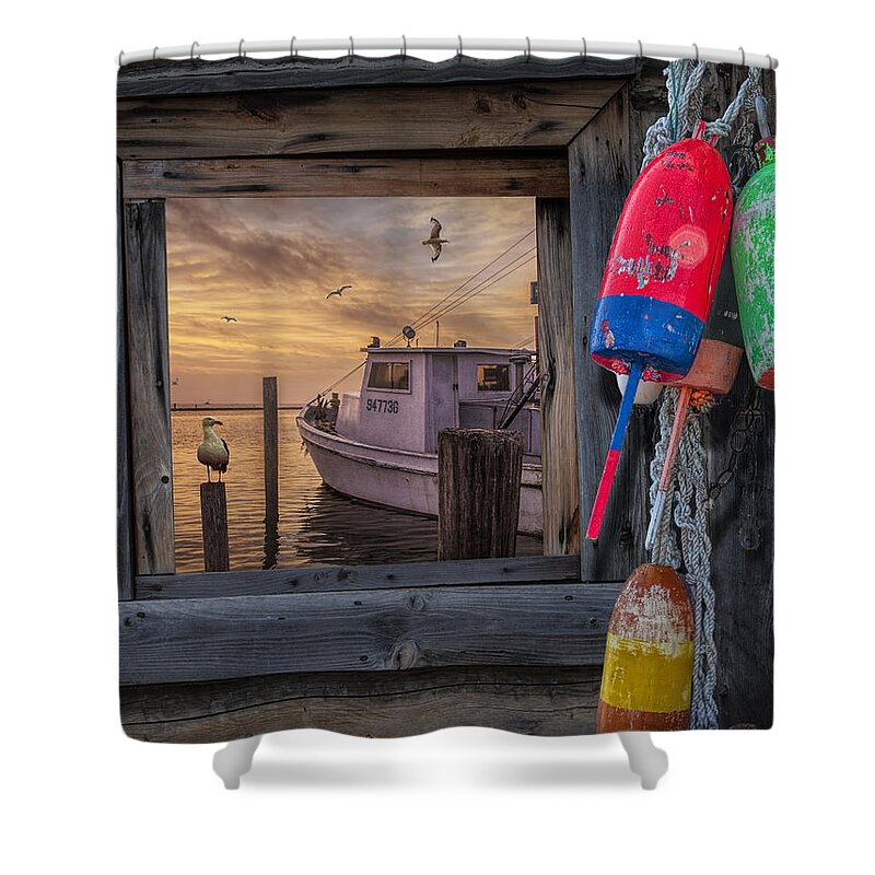 Coast Shower Curtain featuring the photograph Sunrise Photograph of Boat with Gulls and Fishing Buoys by Randall Nyhof