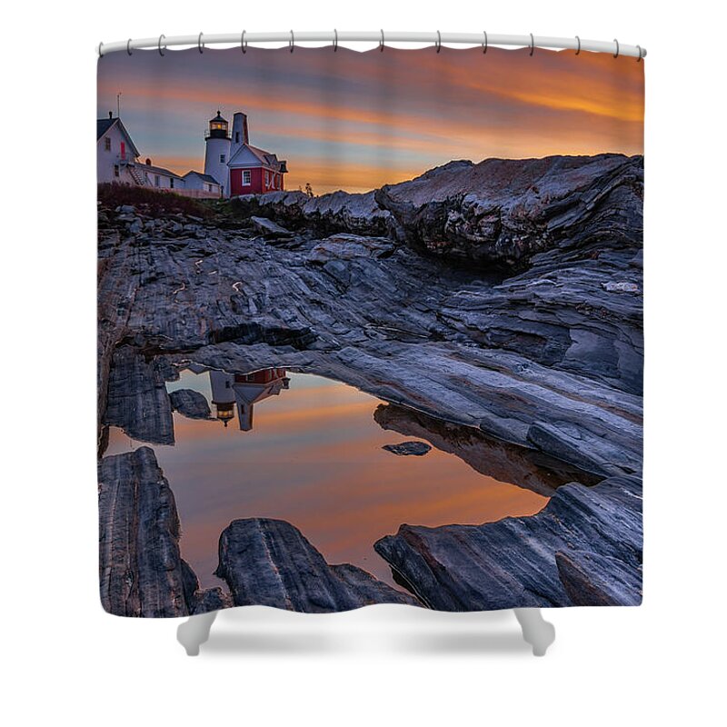 Pemaquid Point Lighthouse Shower Curtain featuring the photograph Sunrise Reflections at Pemaquid Point by Kristen Wilkinson