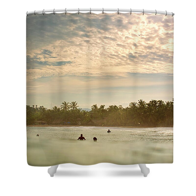 Surfing Shower Curtain featuring the photograph Sunrise Surfers by Nik West