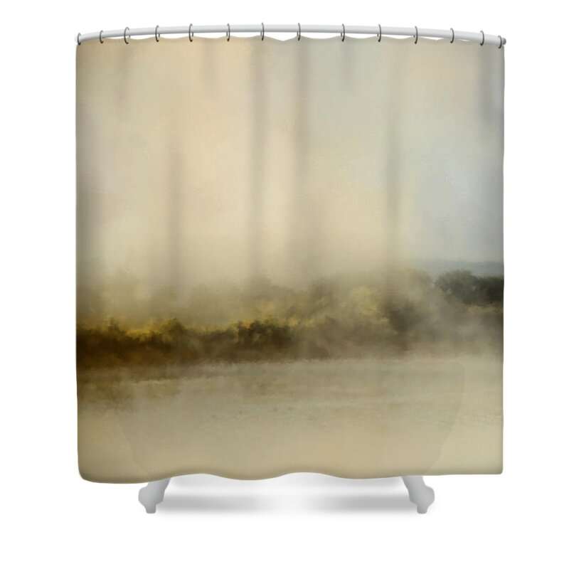 Jai Johnson Shower Curtain featuring the painting Sunrise Through The Fog by Jai Johnson