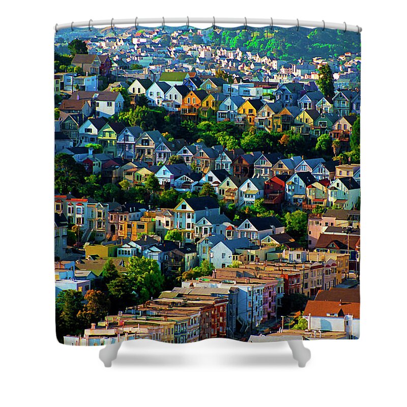 Noe Valley Shower Curtain featuring the digital art Sunrise View Noe Valley San Francisco California 1988, Dry Brush Style by Kathy Anselmo