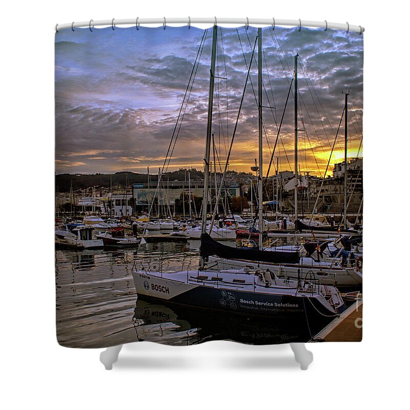 Vigo Shower Curtain featuring the photograph Sunrise Vigo Harbour Galacia Spain by Lynn Bolt
