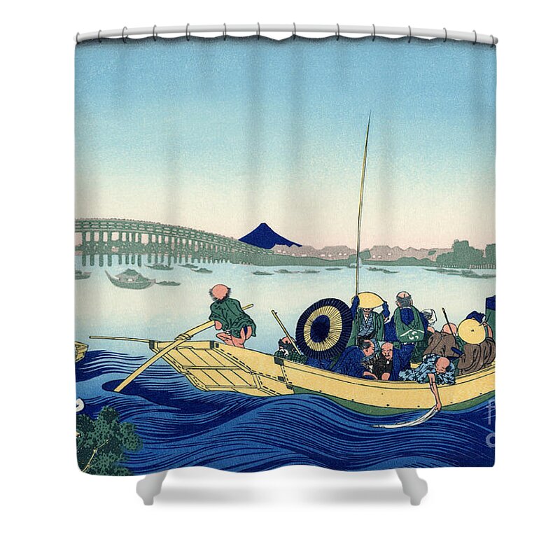 Hokusai Shower Curtain featuring the painting Sunset across the Ryogoku bridge from the bank of the Sumida river at Onmagayashi in Edo by Hokusai