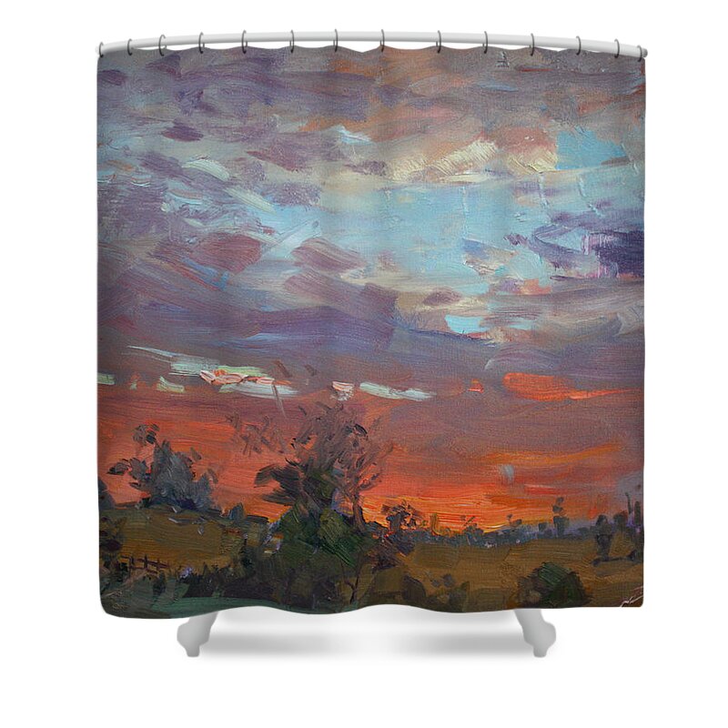 Sunset Shower Curtain featuring the painting Sunset after Thunderstorm by Ylli Haruni