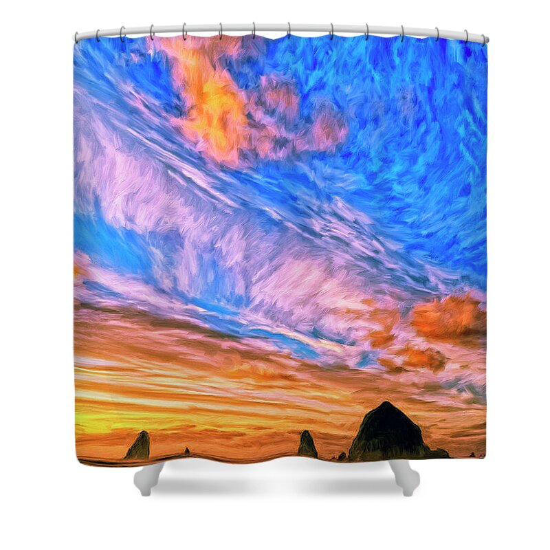 Cannon Beach Shower Curtain featuring the painting Sunset at Cannon Beach by Dominic Piperata