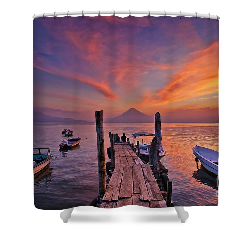 Guatemala Shower Curtain featuring the photograph Sunset at the Panajachel Pier on Lake Atitlan, Guatemala by Sam Antonio
