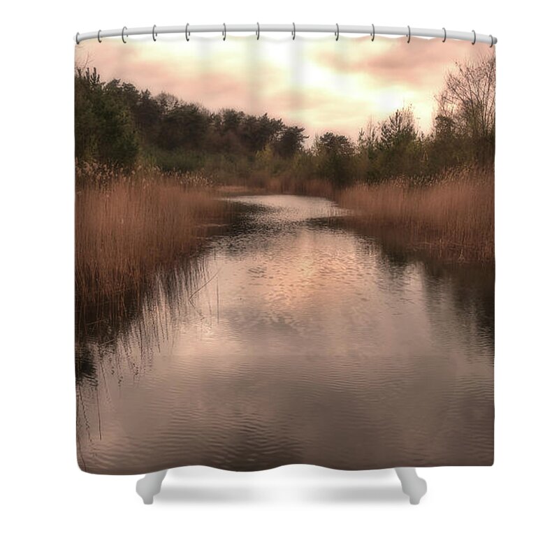 Grass Shower Curtain featuring the photograph Sunset at the sandpit in Maarn by Tim Abeln
