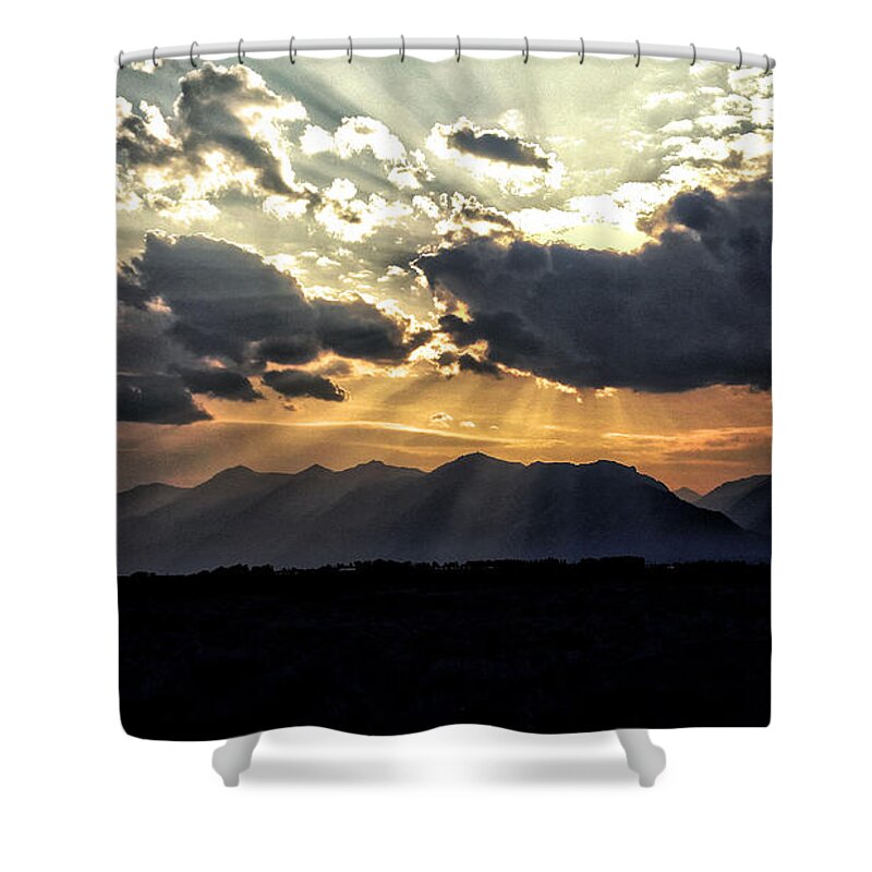 Sunset Shower Curtain featuring the painting Sunset at the Tetons by Bonnie Bruno