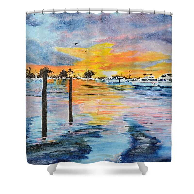 Siesta Key Shower Curtain featuring the painting Sunset At The Yacht Club by Lloyd Dobson