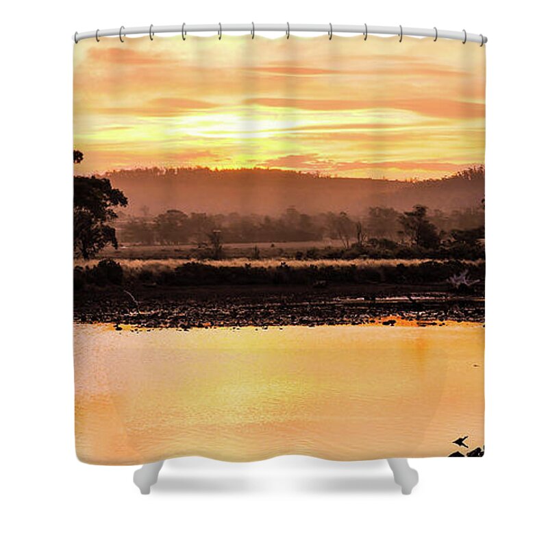 Tantaslising Tasmania Series By Lexa Harpell Shower Curtain featuring the photograph Sunset at Triabunna Tasmania by Lexa Harpell