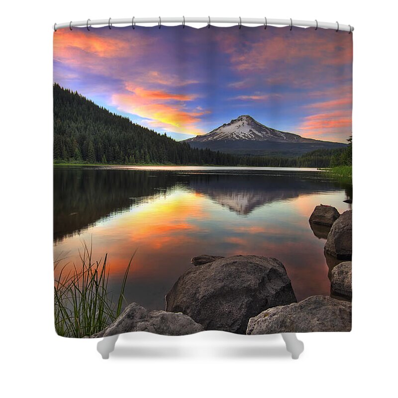Sunset Shower Curtain featuring the photograph Sunset at Trillium Lake with Mount Hood by David Gn
