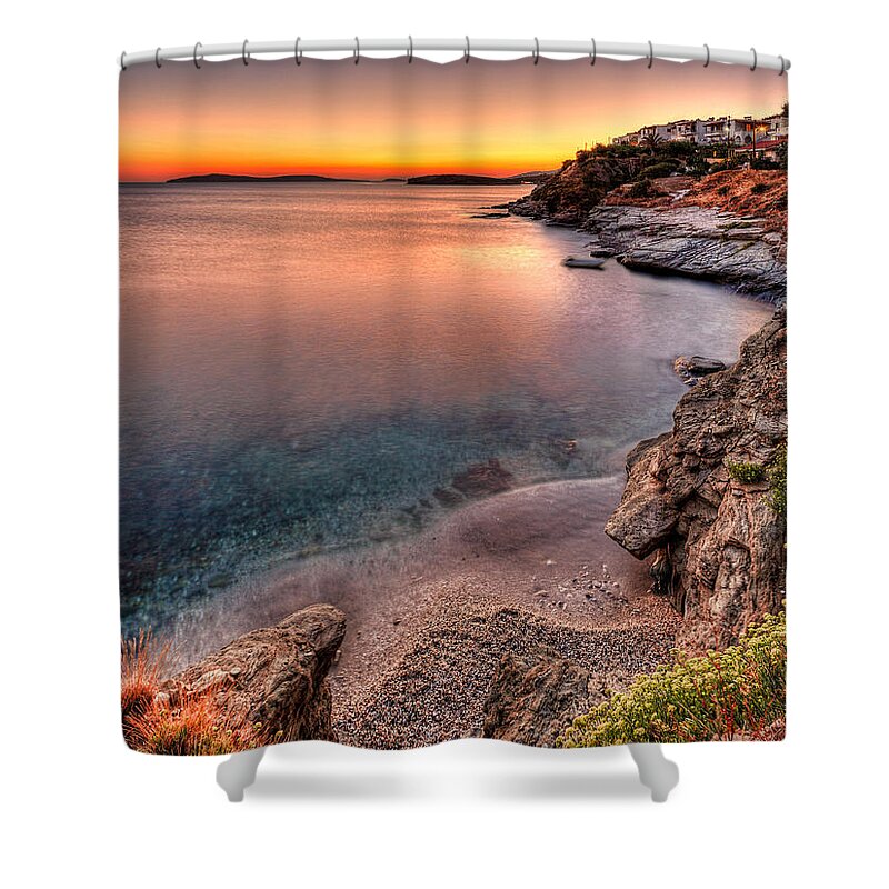 Viomichanos Shower Curtain featuring the photograph Sunset at Viomichanos in Andros - Greece by Constantinos Iliopoulos