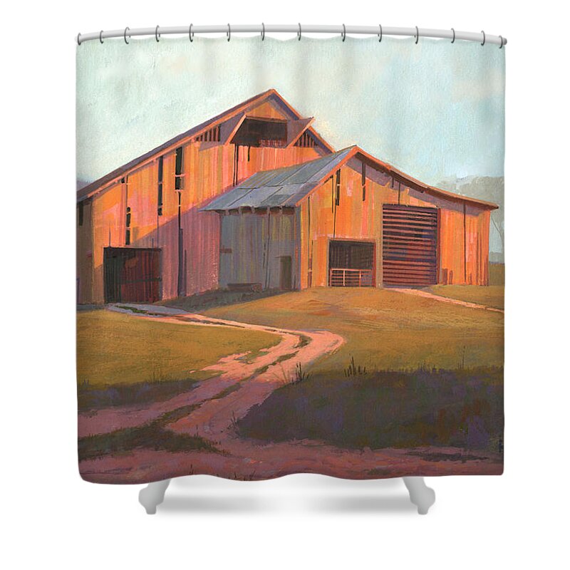 Michael Humphries Shower Curtain featuring the painting Sunset Barn by Michael Humphries