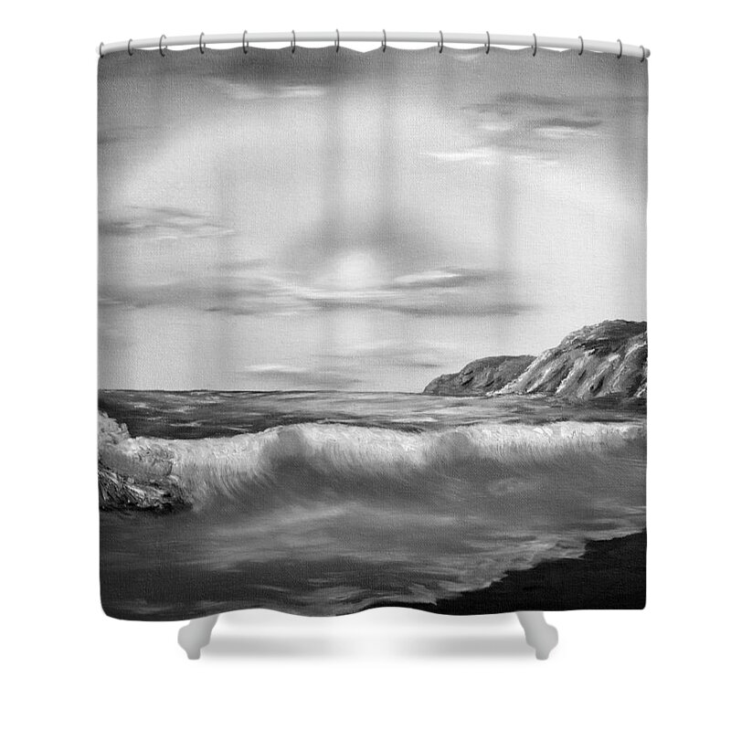 Black And White Shower Curtain featuring the painting Sunset Beach Pastel Splash In Black And White by Claude Beaulac