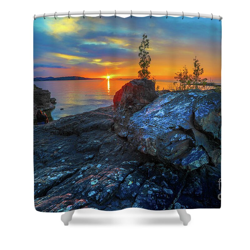 Presque Isle Shower Curtain featuring the photograph Sunset Black Rocks Marquette Michigan -7491 by Norris Seward