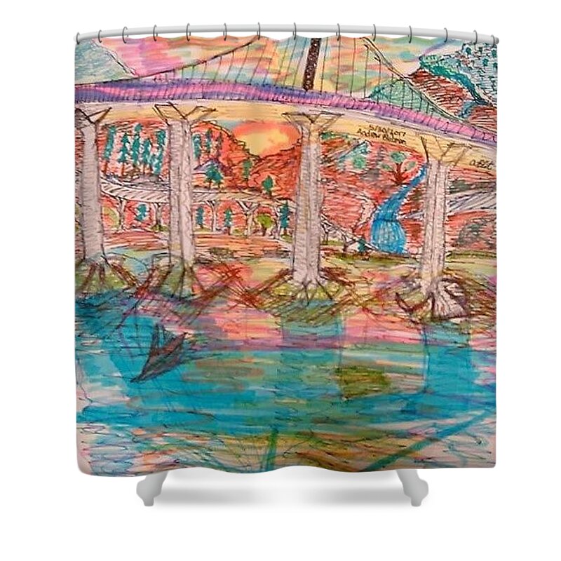 Sunsets Shower Curtain featuring the mixed media Sunset Bridge by Andrew Blitman
