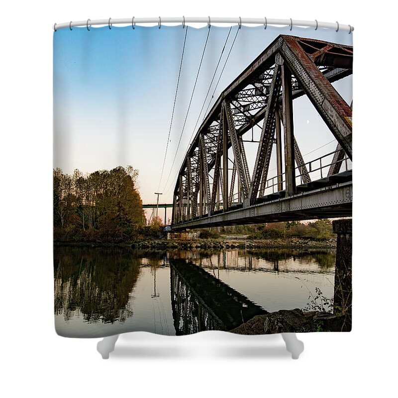 Sunset Shower Curtain featuring the digital art Sunset Bridge by Birdly Canada