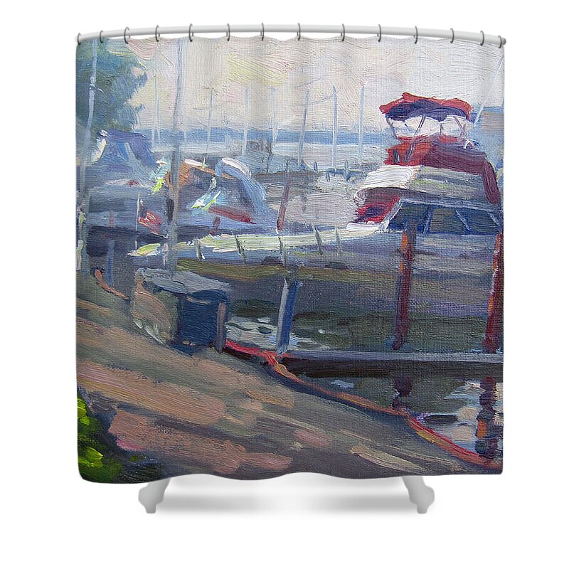 Https://fineartamerica.com/featured/dock-in-north-tonawanda-ylli-haruni.html Shower Curtain featuring the painting Sunset by the Boats by Ylli Haruni