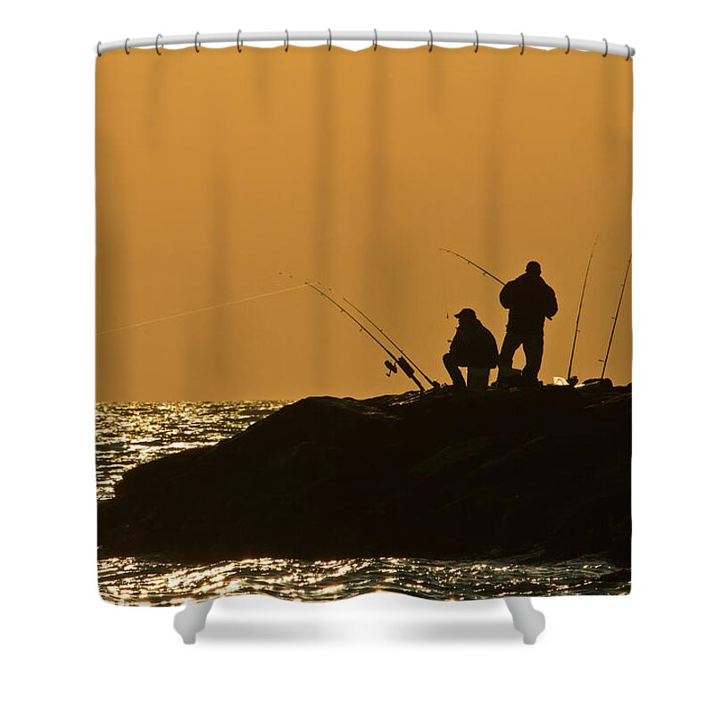 Sunset Shower Curtain featuring the photograph Sunset Fishermen by David Freuthal