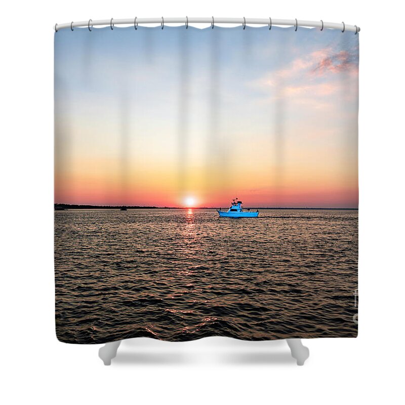 2017 Shower Curtain featuring the photograph Sunset Fishing Boat off Dewey Destin Fl Pier 1208A by Ricardos Creations
