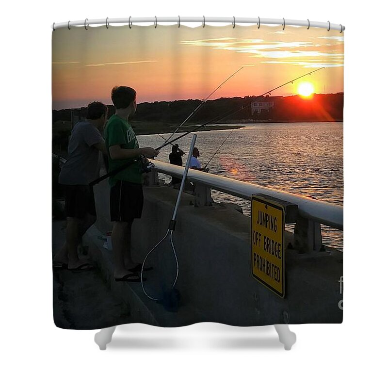 Fishing Shower Curtain featuring the painting Sunset Fishing Off the Bridge by Rita Brown