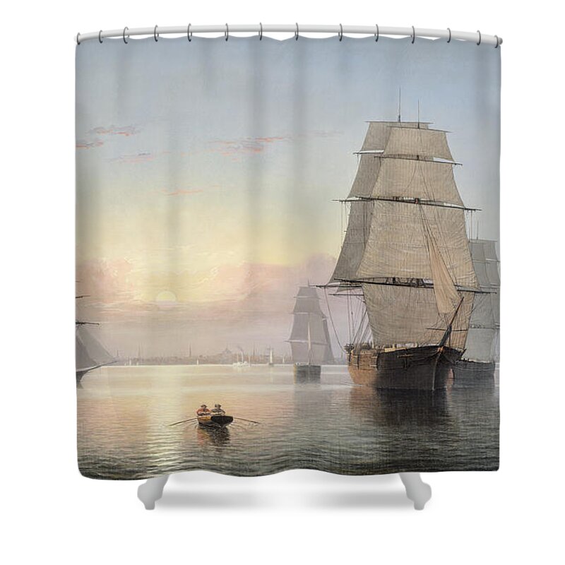 Boston Harbor Shower Curtain featuring the painting Sunset by Fitz Henry