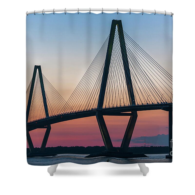 Arthur Ravenel Jr. Bridge Shower Curtain featuring the photograph Sunset Glow over the Cooper River Bridge by Dale Powell